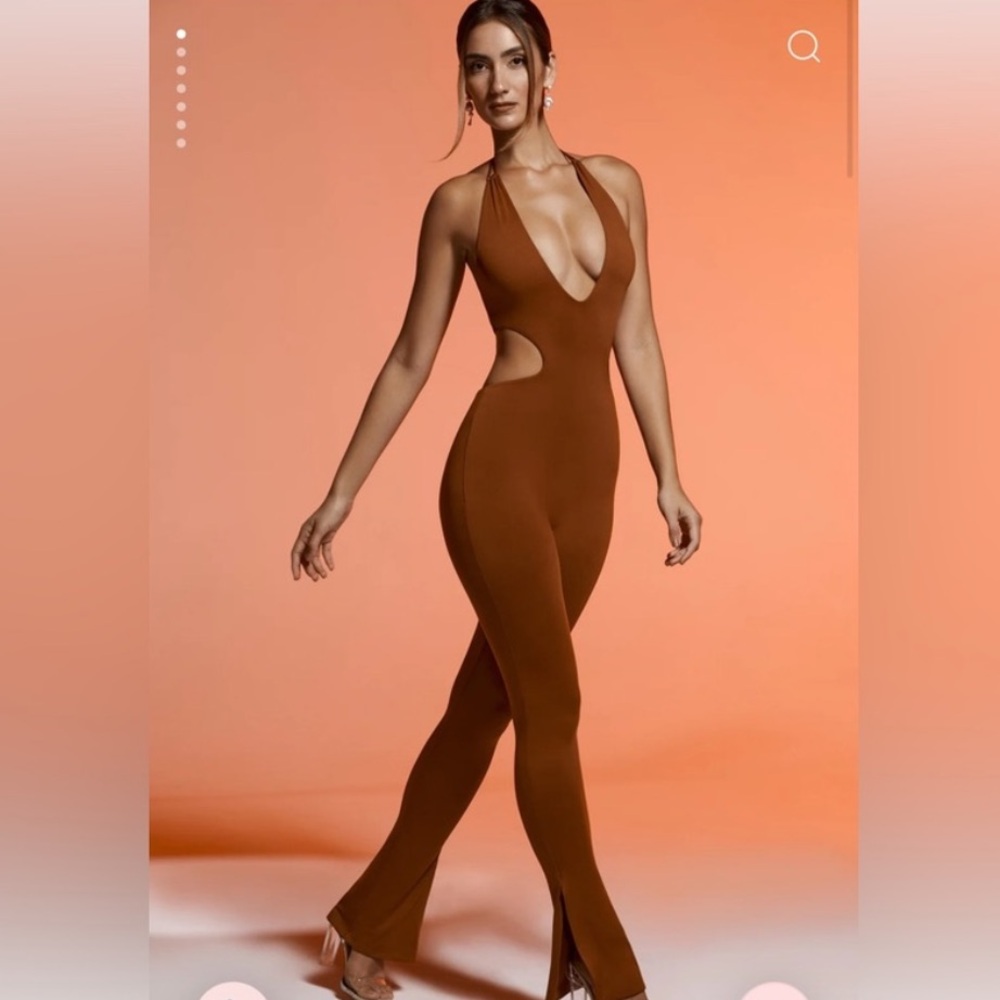 Oh Polly Plunge Neck Halter Jumpsuit Brown Cutout Side